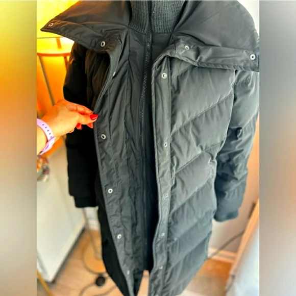 100% Down Puffer Longline Coat> black, high dual collar - Picture 7 of 13